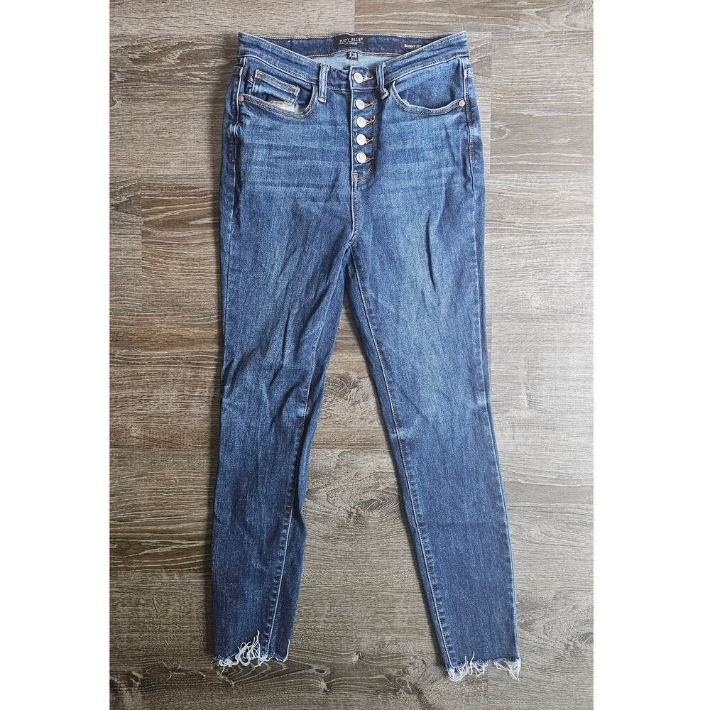 Judy Blue High Waist Button Fly Skinny Fit Jeans Raw Hem Dk Wash Women's Sz 7/28